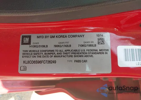 2015 Chevrolet Spark 1Lt Cvt из США, поврежденный, VIN KL8CD6S96FC726249